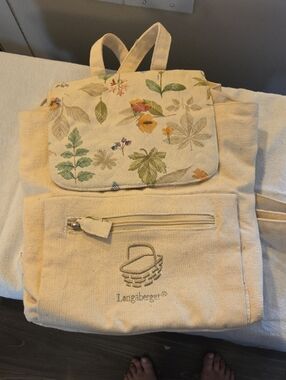 Longaberger Cream Floral Canvas Backpack with Multicolor Leaf Print
